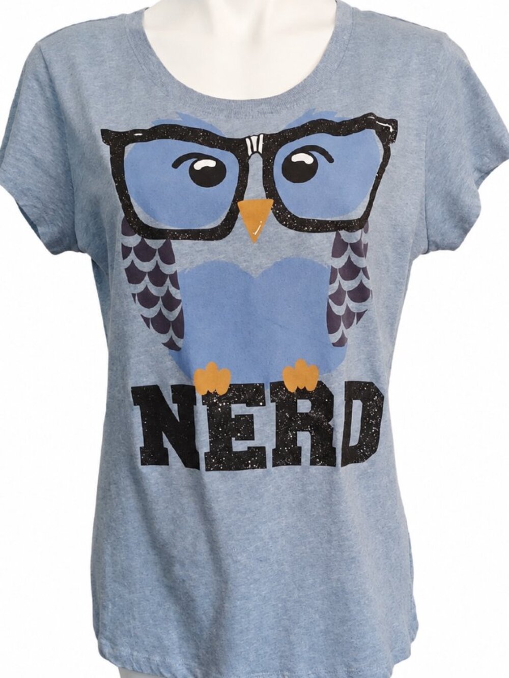 XXL Women’s Blue Nerd Owl Glasses Graphic T-Shirt Cute Geek Distressed Tee
